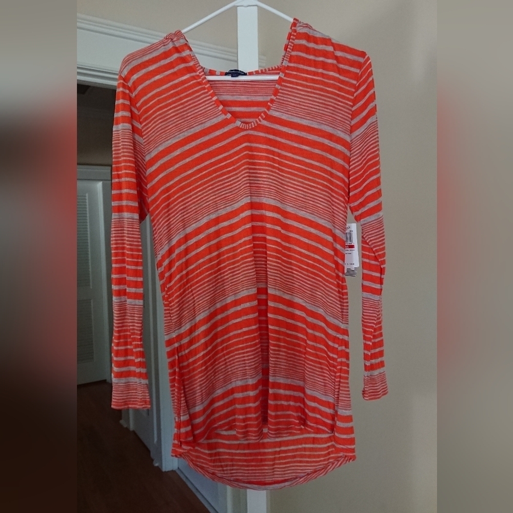 Splendid Sun-Sational Swim Cover Up Hoodie Tunic Orange Stripe SIZE XS